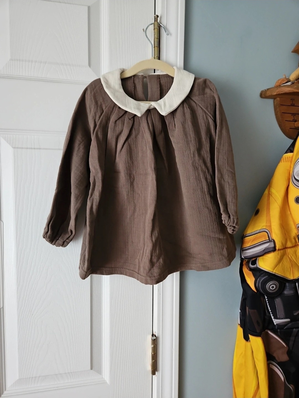 Brown Long-Sleeve Peter Pan Collar Top for Kids - Thick Quilted